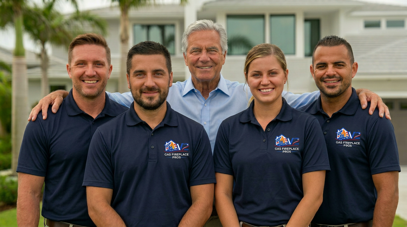 V2 Gas Fireplace Pros team in branded company polos, Boston MA